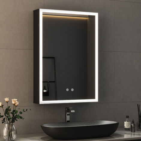 Boromal Spiegelschrank Bad mit Beleuchtung Badezimmer Spiegelschrank mit Beleuchtung Badezimmerschrank Hängeschränke mit Dimmbar, Beschlagfrei, Verstellbare Glasablage, Schwarz (50 x 70 x 12,5 cm)
