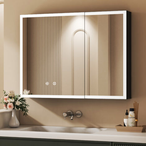 LED Spiegelschrank Bad mit Beleuchtung Badezimmer Spiegelschrank mit Beleuchtung Metall Badezimmerschrank Hängeschränke mit Dimmbar, Beschlagfrei, Verstellbare Glasablage (80x60x13,5cm)