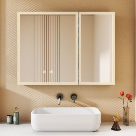 Boromal Spiegelschrank Bad mit Beleuchtung Badezimmer Spiegelschrank mit Beleuchtung Schwarz Metall LED Badezimmerschrank Rechteckig mit Dimmbar + Beschlagfrei + Ablage (80 x 60 x 12,5 cm)