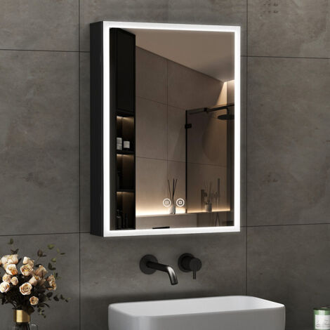 Spiegelschrank Bad mit Beleuchtung Badezimmer Spiegelschrank mit Beleuchtung Schwarz Metall LED Badezimmerschrank Hängeschränke mit Dimmbar + Beschlagfrei (50 x 70 x 12,5 cm)