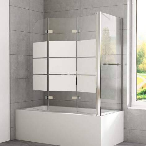 Badewannenaufsatz mit Gestreift 70 x 120 x 140cm Duschwand für Badewanne 6mm ESG Glas Badewanne Duschwand Faltbar Duschtrennwand Badewanne mit Seitenwand 3-teilig Faltwand
