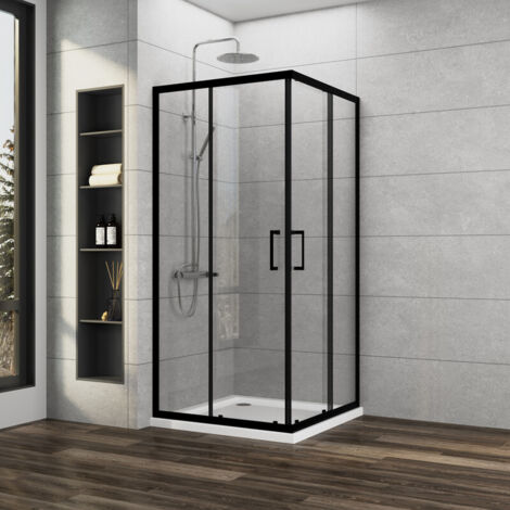 Duschkabine 90x90cm Schwarz Schiebetür Eckeinstieg Duschkabine mit Schiebetüren 6mm ESG Glas Duschschiebetür Duschabtrennung Eckeinstieg Dusche Duschwand Höhe 185cm (1/5)