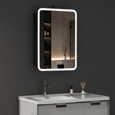 Spiegelschrank Bad mit LED Beleuchtung Schwarz Spiegelschrank mit Beleuchtung Metall Badezimmerschrank mit Dimmbar, Beschlagfrei und Verstellbare Glasablage (40 x 60 x 12,5 cm)