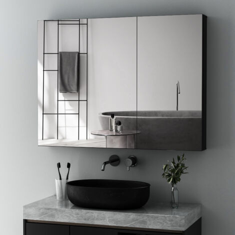 Boromal Spiegelschrank Bad Badezimmer Spiegelschrank Schwarz Badezimmerschrank mit Spiegel Badezimmerspiegelschrank mit Verstellbare Glasablage (80x60x12,5cm)