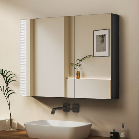 Spiegelschrank Schwarz Badezimmer Spiegelschrank Bad Metall Badezimmerschrank mit Spiegel Badschrank mit Innenspiegel und Verstellbare Glasablage (80x60x12,5cm)