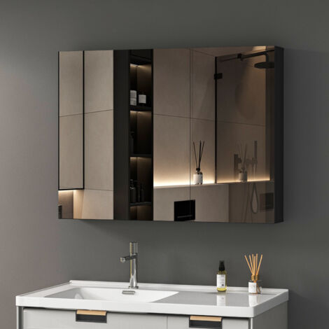 Boromal Spiegelschrank Schwarz Badezimmer Spiegelschrank Bad Metall Badezimmerschrank mit Spiegel Badschrank mit Innenspiegel und Verstellbare Glasablage (80x60x12,5cm)