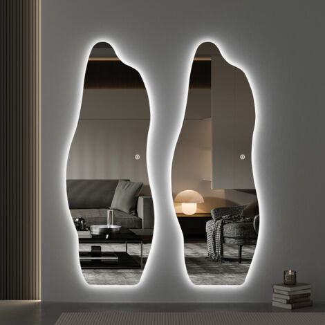 Asymmetrischer Ganzkörperspiegel mit Beleuchtung 60x165cm, LED Ganzkörperspiegel mit 3 Lichtfarbe Dimmbar, Standspiegel mit Touch-Schalter für Schlafzimmer, Wohnzimmer und Eingangsbereich