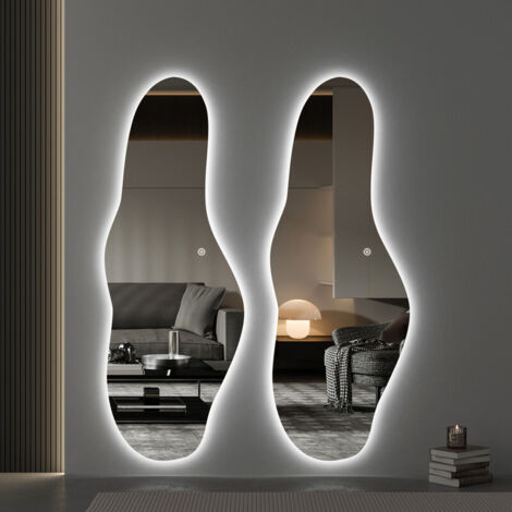 Asymmetrischer Ganzkörperspiegel mit Beleuchtung 60x165cm, LED Ganzkörperspiegel mit 3 Lichtfarbe Dimmbar, Standspiegel mit Touch-Schalter für Schlafzimmer, Wohnzimmer und Eingangsbereich