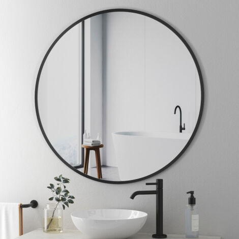 Wandspiegel 50cm Runder Spiegel mit Schwarz Metallrahmen, Badspiegel HD Groß Badezimmerspiegel Rund Metall Rahmen Abgerundete Wandmontage Kosmetikspiegel für Badezimmer Wohnzimmer Waschräume Schlafzim