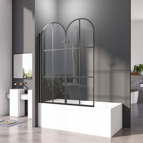 Boromal 120x140cm Badewannenaufsatz mit schwarzem Gitterdruck Duschwand für Badewanne Duschtrennwand für Badewanne Faltwand Duschabtrennung Badewanne Duschwand Badewanne 2-teilig, 6mm ESG Sicherheitsg