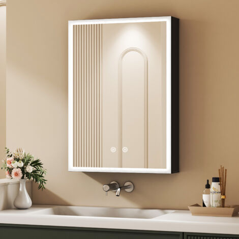 Boromal Spiegelschrank mit Beleuchtung 40x60cm Aluminium Schwarz Spiegelschrank Bad mit Beleuchtung Badezimmerschrank, Badschrank Hängeschränke mit 3-Farben Dimmbar, Beschlagfrei