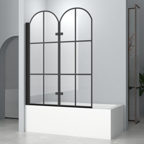 Boromal 120x140cm Badewannenaufsatz mit Schwarzem Gitterdruck, Duschwand 2-teilig, Badewannenfaltwand Duschwand für Badewanne Duschtrennwand für Badewanne Duschabtrennung Badewanne