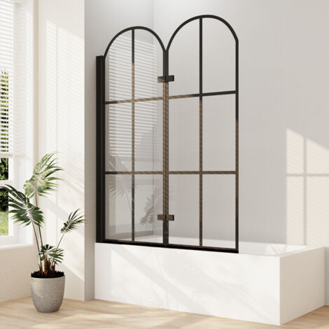 Boromal Badewannenaufsatz mit Schwarzem Gitterdruck Duschwand für Badewanne Duschtrennwand für Badewanne Faltwand Duschabtrennung Badewanne Duschwand 120x140cm, 2-teilig