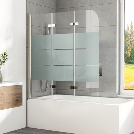 Boromal Badewannenaufsatz 120x140cm Badewannenfaltwand Duschwand für badewanne 3-teilig faltbar Duschtrennwand Duschabtrennung Badewannenwand, Milchglas Streifen
