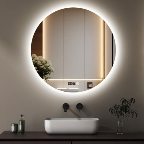 Boromal Badspiegel mit Beleuchtung Runder Spiegel mit Uhr 60x60cm LED Spiegel Rund Spiegel mit Beleuchtung Badezimmerspiegel Rund mit Beleuchtung Wandspiegel Rund mit 3 Lichtfarbe Dimmbar + Uhr