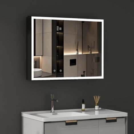 Spiegelschrank mit Beleuchtung 80 x 60 cm, Bad-Hängeschränke LED Spiegelschrank Bad mit Beleuchtung Badezimmer Spiegelschrank mit Touch-Schalter, 3 Einstellbare Lichtfarben, Beschlagfrei