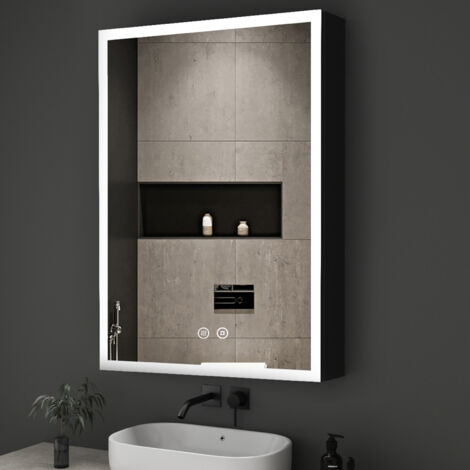 Schwarz Spiegelschrank Bad mit Beleuchtung 50 x 70 cm, LED Spiegelschrank mit Beleuchtung Badezimmerschrank Bad-Hängeschränke mit Touch-Schalter, 3-Farben Dimmbar, Anti-Beschlag