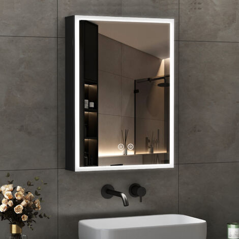 Schwarz Spiegelschrank mit Beleuchtung 50 x 70 cm, Bad-Hängeschränke Spiegelschrank Bad mit Beleuchtung Badezimmerschrank Medizinschrank mit Touch-Schalter, 3 Einstellbare Lichtfarben, Beschlagfrei