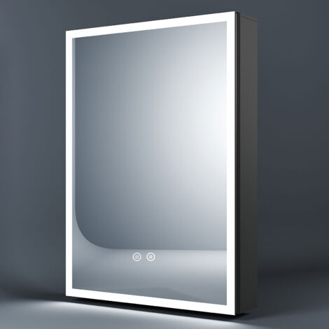 Schwarz Spiegelschrank Bad mit Beleuchtung 50 x 70 cm, LED Spiegelschrank mit Beleuchtung Badezimmerschrank Bad-Hängeschränke mit Touch-Schalter, 3 Einstellbare Lichtfarben, Anti-Beschlag