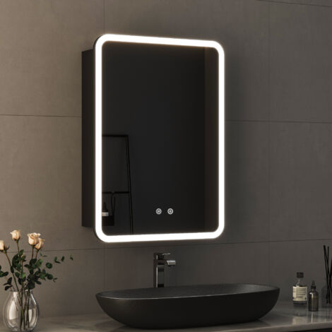 Schwarz Spiegelschrank mit Beleuchtung 50 x 70 cm, Bad-Hängeschränke LED Spiegelschrank Bad mit Beleuchtung Badezimmerschrank Badezimmer Spiegelschrank mit Touch-Schalter, Beschlagfrei