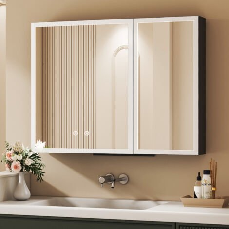 Spiegelschrank mit Beleuchtung 80 x 60 cm, Bad-Hängeschränke LED Spiegelschrank Bad mit Beleuchtung Badezimmer Spiegelschrank mit Touch-Schalter, 3 Einstellbare Lichtfarben, Beschlagfrei