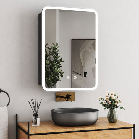 Boromal Spiegelschrank Bad mit Beleuchtung 50 x 70 cm Schwarz Spiegelschrank Spiegelschränke Hängeschrank Badezimmerschrank Badschrank Spiegel Kabinett mit Touch-Schalter, Dimmbar, Beschlagfrei, Schwa