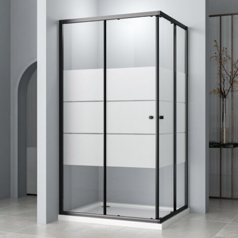 Schwarz Duschkabine 100x100cm Milchglas Eckeinstieg mit Doppel Schiebetüren Duschabtrennung Duschschiebetür 6mm ESG Glas, LINKS & RECHTS MONTIERBAR, Höhe 185cm (1/4)