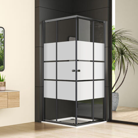 Schwarz Duschkabine 90x90x185cm Milchglas Eckeinstieg mit Doppel Schiebetüren Duschabtrennung Dusche Duschschiebetür 6mm ESG Glas, LINKS & RECHTS MONTIERBAR (1/4)
