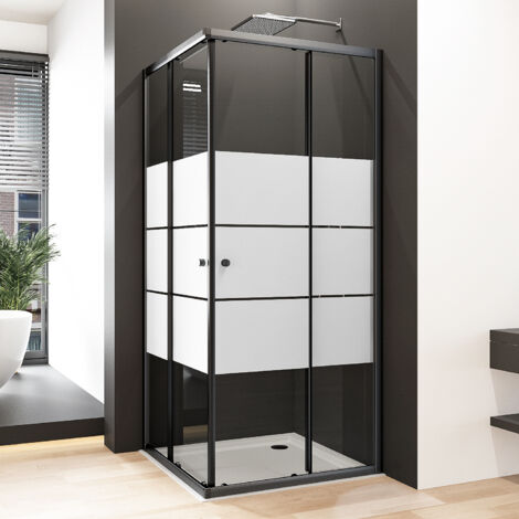 75x75x185cm Duschkabine Schwarz Duschabtrennung Eckeinstieg mit Doppel Schiebetüren 6mm ESG Glas Dusche Duschschiebetür, Milchglas (1/4)