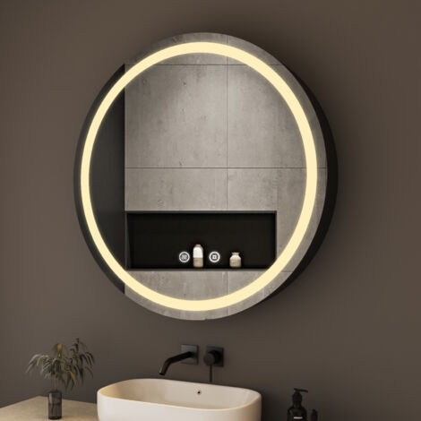 Rund Spiegelschrank Bad mit Beleuchtung 60 x 60 cm, LED Spiegelschrank Badezimmer Spiegelschrank Hängeschränke mit Touch-Schalter, 3 Einstellbare Lichtfarben, Beschlagfrei, Schwarz