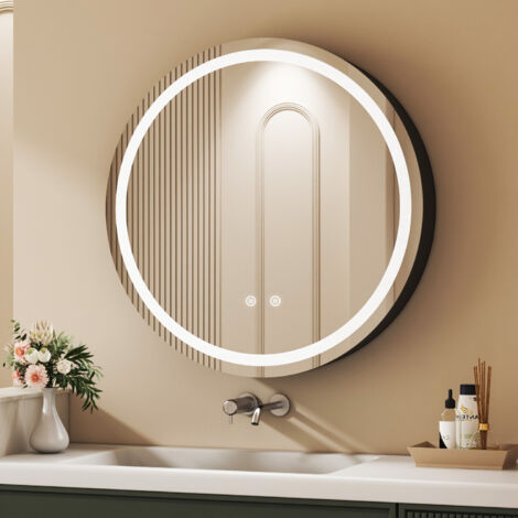 Spiegelschrank Bad mit Beleuchtung 60 x 60 cm, LED Spiegelschrank Rund Badezimmer Spiegelschrank Hängeschränke mit Touch-Schalter, 3 Einstellbare Lichtfarben, Beschlagfrei, Schwarz