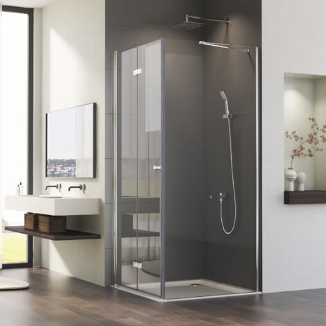 Eckeinstieg Duschkabine 90x90x185cm Falttür mit Seitenwand Duschabtrennung Dusche Duschwand mit festem Seitenteil Faltbar Duschkabine aus 6mm ESG Sicherheitsglas (1/4)