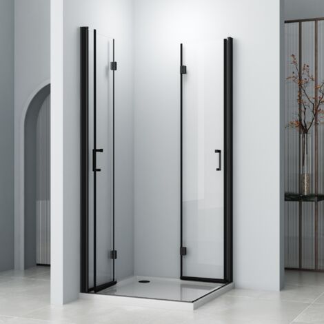 Schwarz Duschkabine 90x90cm Eckeinstieg 180º Doppel Falttür Duschabtrennung Drehfalttür Dusche Duschwand aus 6mm Nano ESG Sicherheitsglas, Höhe 195cm (1/4)