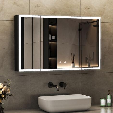 3 Türen Spiegelschrank mit Beleuchtung 100 x 60 cm, Bad-Hängeschränke LED Spiegelschrank Bad mit Beleuchtung, Touch-Schalter, 3 Einstellbare Lichtfarben, Beschlagfrei, Schwarz