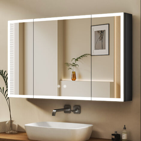 3 Türen Spiegelschrank Bad mit Beleuchtung 90 x 60 cm LED Spiegelschrank Schwarz mit Beleuchtung Badezimmerschrank Medizinschrank mit 3 Lichtfarben Dimmbar + Beschlagfrei, Schwarz