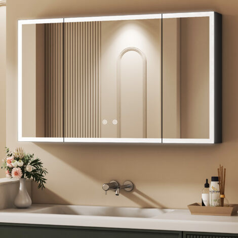 3 Türen Schwarz Spiegelschrank Bad mit Beleuchtung 90x60cm, LED Spiegelschrank Bad-Hängeschränke Medizinschrank mit Touch-Schalter, 3 Einstellbare Lichtfarben, Beschlagfrei, Schwarz