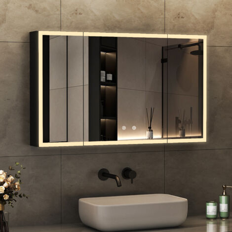 3 Türen Spiegelschrank Bad mit Beleuchtung 100x60cm LED Spiegelschrank mit Beleuchtung Bad-Hängeschränke Badezimmerschrank mit 3 Lichtfarben Dimmbar + Beschlagfrei + Memory-Funktion, Schwarz