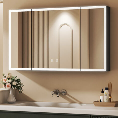 3 Türen Spiegelschrank Bad mit Beleuchtung Schwarz Badezimmer Spiegelschrank mit Beleuchtung LED Badezimmerschrank Hängeschränke mit Dimmbar, Beschlagfrei, Verstellbare Glasablage (90x60cm)