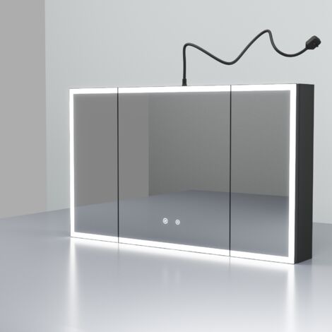 3 Türen Schwarz Spiegelschrank Bad mit Beleuchtung 100x60cm Bad Spiegelschrank mit Beleuchtung Badezimmerschrank Hängeschränke mit 3 Lichtfarben Dimmbar + Beschlagfrei + Memory-Funktion, Schwarz