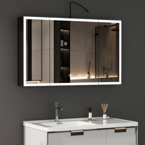 3 Türen Spiegelschrank Bad mit Beleuchtung 100x60cm Bad Spiegelschrank Schwarz mit Beleuchtung Badezimmerschrank Hängeschränke mit 3 Lichtfarben Dimmbar + Beschlagfrei + Memory-Funktion, Schwarz