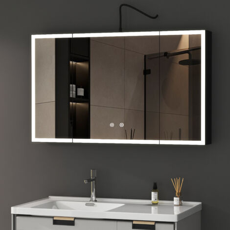 3 Türen LED Spiegelschrank mit Beleuchtung 100x60x13,5cm Badezimmerschrank Bad Spiegelschrank Schwarz Badschrank Spiegel Kabinett mit 3-Farben Dimmbar, Beschlagfrei, 2 Glasablage, Schwarz