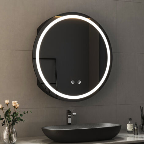 Boromal Schwarz Spiegelschrank Bad mit Beleuchtung Rund, Badezimmer Spiegelschrank mit Beleuchtung Metall Hängeschränke Badezimmerschrank mit Dimmbar, Beschlagfrei (80x80x13,5cm)
