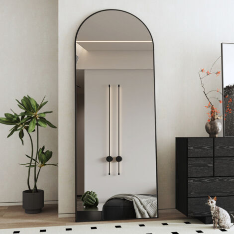 Rundbogen Standspiegel Ganzkörperspiegel 80 x 180 cm Wandspiegel Schwarz Großer Bodenspiegel hängend oder Lehnend an die Wand für Schlafzimmer, Wohnzimmer oder Ankleidezimmer, Schwarz