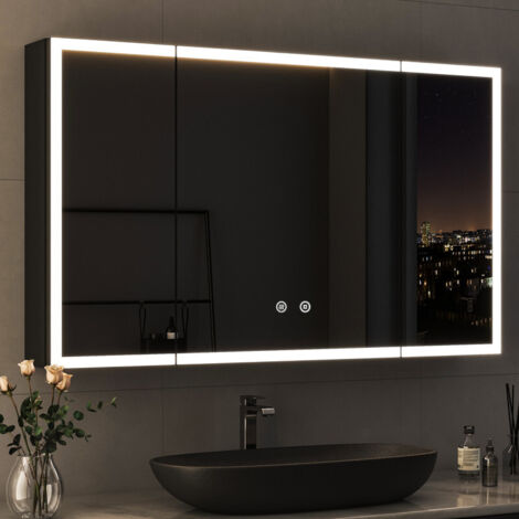 Spiegelschrank mit Beleuchtung 100 x 60 cm, Bad-Hängeschränke Spiegelschrank Bad mit Beleuchtung Badezimmer Spiegelschrank mit Touch-Schalter, 3 Einstellbare Lichtfarben, Beschlagfrei, Schwarz