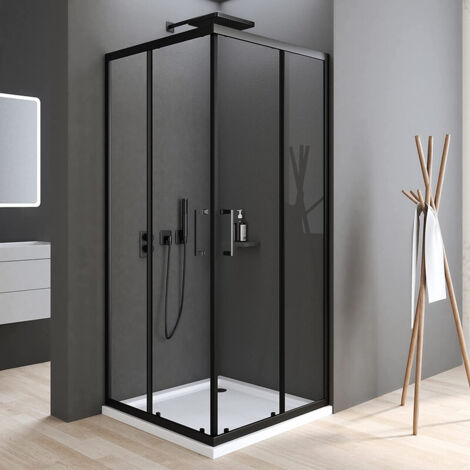 Schwarzer Duschkabine 80x100 cm Schiebetür Eckeinstieg, Duschkabine 100x80 cm Eckeinstieg Duschabtrennung mit 6mm ESG Sicherheitsglas Glas Duschwand, Dusche Schiebetüren Höhe: 185cm (1/5)