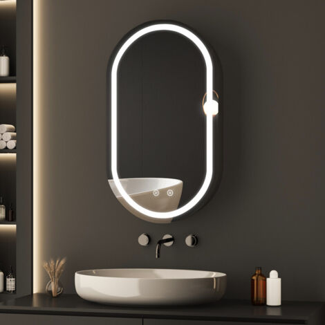 Spiegelschrank Oval mit Beleuchtung 40x70cm Bad Spiegelschrank mit Beleuchtung Badspiegel mit Beleuchtung Badschrank Hängeschränke mit 3 Einstellbare Lichtfarben Beschlagfrei, Schwarz