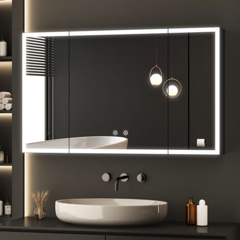 Spiegelschrank mit Beleuchtung 100x60 cm Bad Spiegelschrank mit Beleuchtung Badspiegel mit Beleuchtung Badschrank Hängeschränke mit 3 Einstellbare Lichtfarben Beschlagfrei, Schwarz