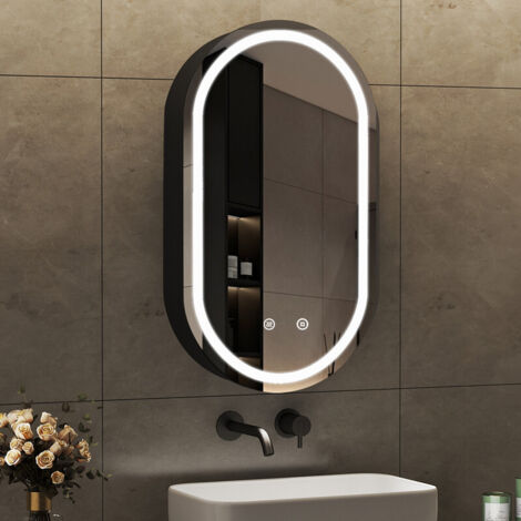 Oval Spiegelschrank mit Beleuchtung 40x70cm LED Spiegelschrank Bad mit Beleuchtung Badspiegel mit Beleuchtung Badschrank Hängeschränke mit 3 Einstellbare Lichtfarben Beschlagfrei, Schwarz