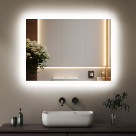 Badspiegel mit Beleuchtung 70x50cm LED Spiegel mit Beleuchtung Lichtspiegel Badezimmerspiegel Beleuchtet Wandspiegel Led Bad Spiegel mit 3 Lichtfarben Dimmbar Speicherfunktion (1/5)