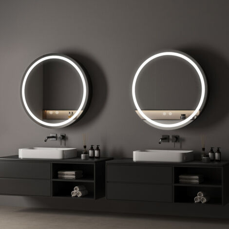 Spiegelschrank Rund mit Beleuchtung 60x60cm Spiegelschrank Bad mit Beleuchtung Badspiegel mit Beleuchtung Badschrank Hängeschränke mit 3 Einstellbare Lichtfarben Beschlagfrei, Schwarz